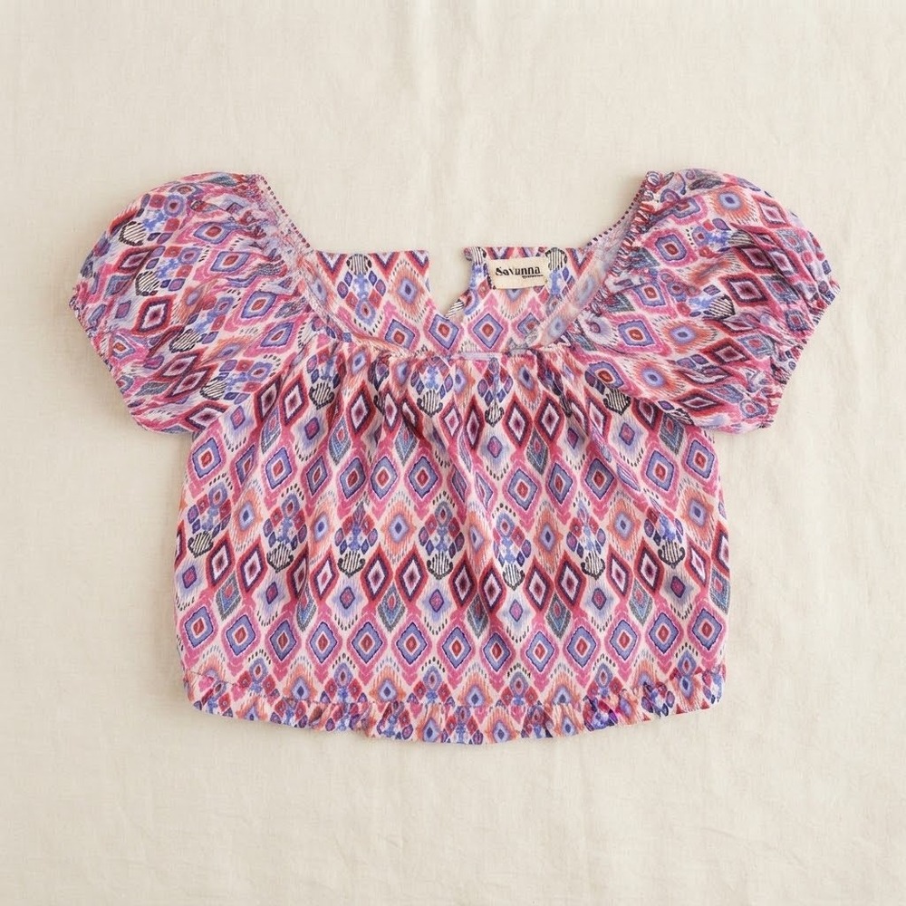 Savanna Jane Womens Pink Blue Ikat Diamond Print Puff Sleeve Crop Top Large